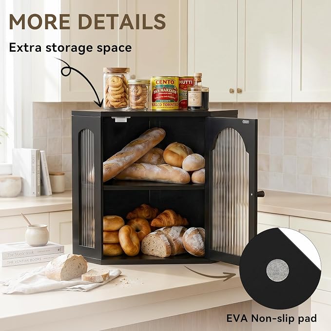 2-Tier Corner Bread Box for Kitchen Countertop with Acrylic Wavy Door Panel | Bread Storage for Homemade Bread, Large Bamboo Vintage Farmhouse Bread Bin, Cabinet Cupboard Pantry, Black, Extra Large