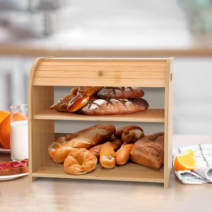 Bamboo Bread Box Roll Top for Kitchen Countertop Breadbox Storage | Roll Top Bread Box with Sliding Lid,Large Double Layer with Adjustable Middle Shelf