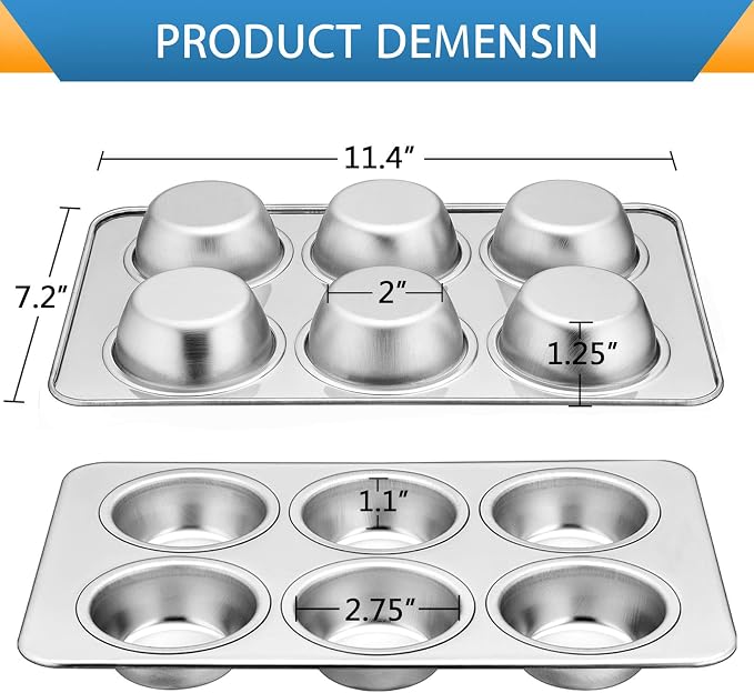 E-far Muffin Pan Set of 3, Stainless Steel Muffin Pan Tin for Baking, 6-Cup Metal Cupcake Pan Tray, Non-toxic & Healthy, Oven & Dishwasher Safe, Regular Size - 11.44 x 7.12 x 1.25 inch