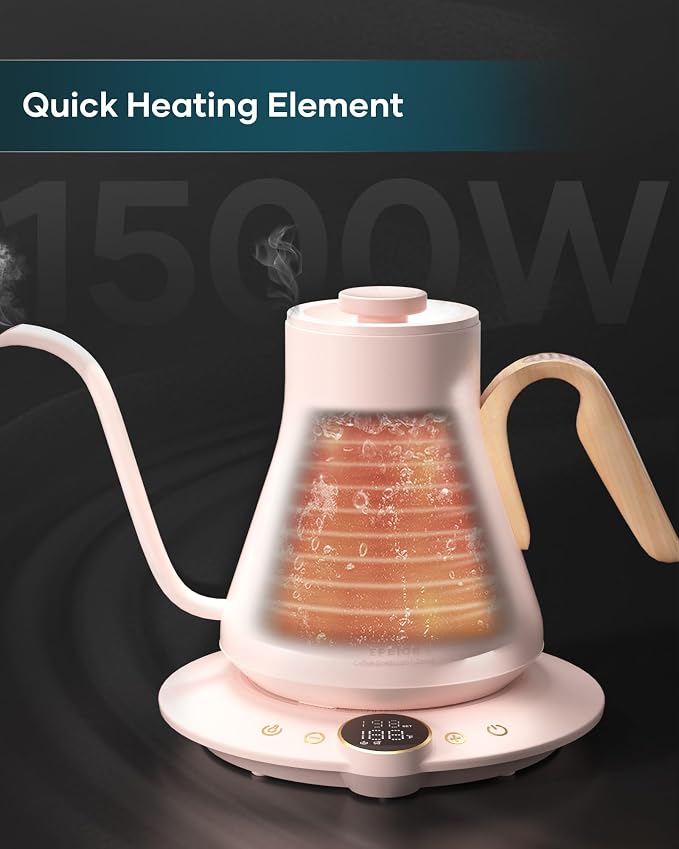 INTASTING Gooseneck Electric Kettle with ±1℉ Temperature Control 0.9 Liter | 1500W Quick Heating, Stainless Steel Inner, Pour Over Coffee & Tea, Keep Warm, Auto Shut-Off, Built-in Brew Timer, Pink