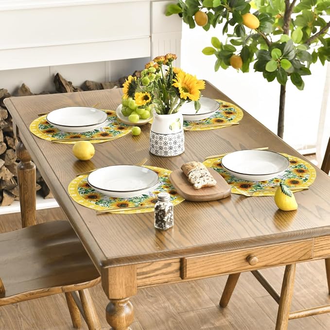 Artoid Mode Leaves Sunflower Round Summer Placemats Set of 4, 14 Inch Seasonal Holiday Round Table Mats for Party Kitchen Dining Decoration
