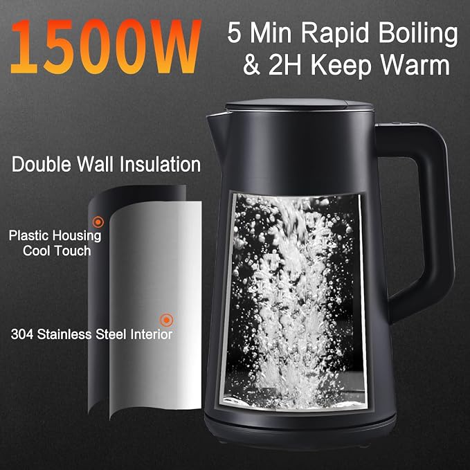 1.5L Electric Kettle Temperature Control, Black | Double Wall Cool Touch Teapot, Fast Boil, 5 Temperature Control, LED Display, Auto Shut-Off & Keep Warm