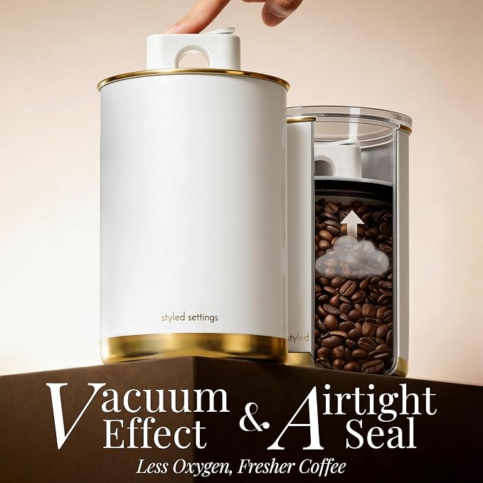 STYLED SETTINGS Vacuum Coffee Container Set, 2-Piece, White and Gold | Stainless Steel, BPA Free, Food Grade, Airtight, Vacuum Effect, Double Lid