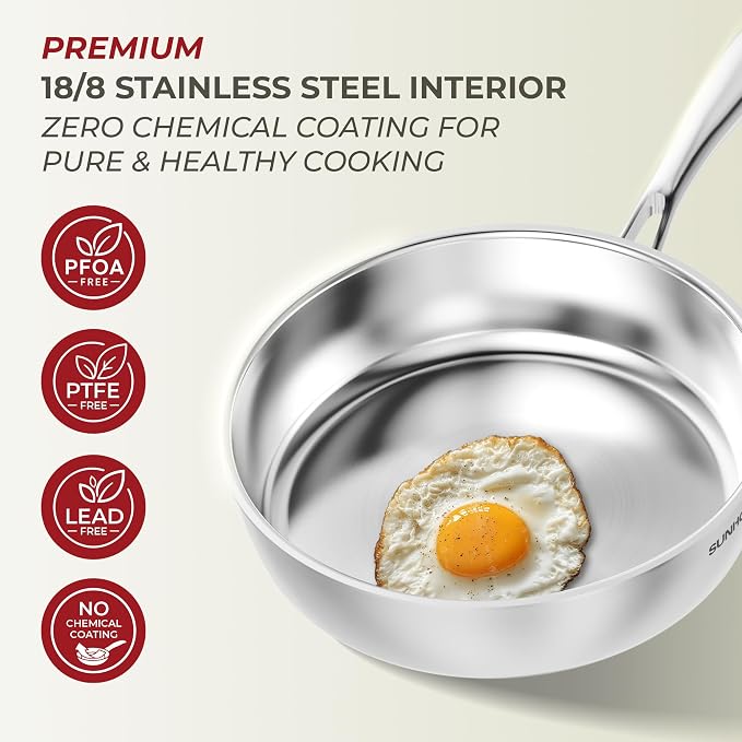 Sunhouse 4QT Stainless Steel Deep Sauté Frying Pan with Lid 11 Inch Skillet | Tri-Ply 18/10 Stainless Steel Deep Saute Pan, Dishwasher & Oven Safe up to 900°F, Induction Compatible with All Cooktops