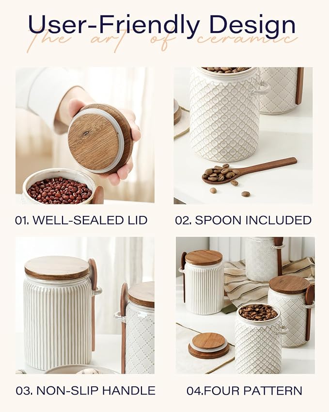 getstar Small Canisters Sets for the Kitchen, 18 oz Sugar Coffee Tea Storage Containers, Ceramic Kitchen Canisters for Countertop Set of 4 with Airtight Lids and Teaspoons