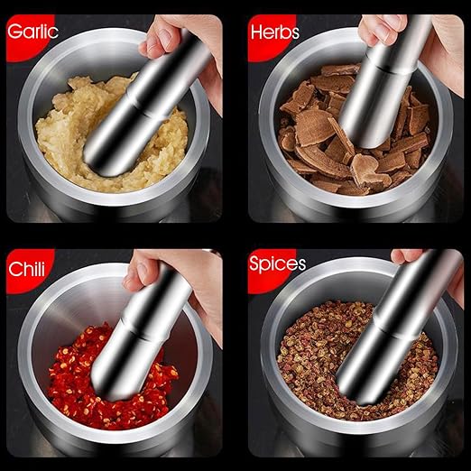 Stainless Steel Mortar and Pestle, 5 Inch Polished Food Crusher with Lid, Heavy Duty Pill Crusher, Non-Slip Base Spice Grinder, Herb Crusher Enhanced Performance