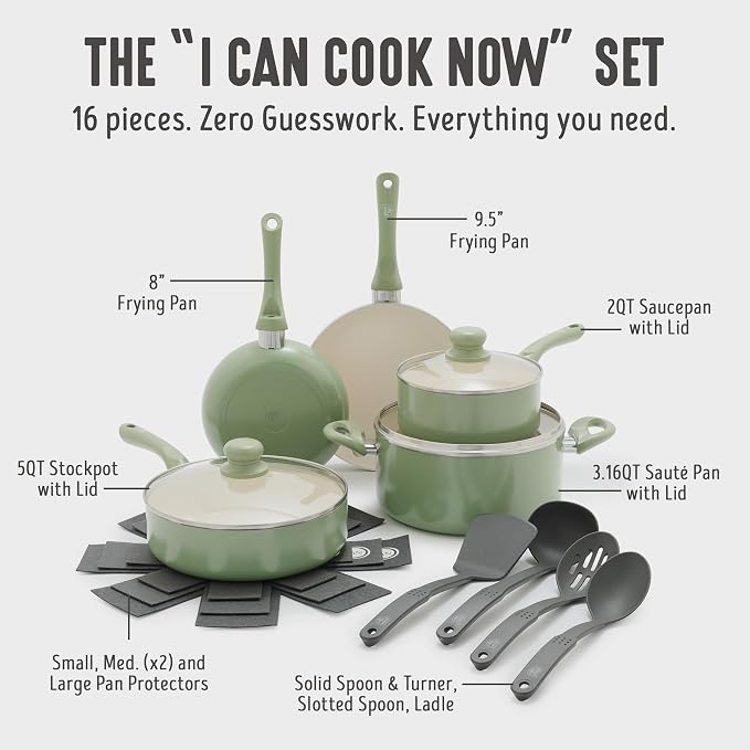 GreenLife 16pc Ceramic Nonstick Pots & Pans Cookware Set, Sage Green | PFAS-Free Nonstick Coating, Stockpot, Frying Pans, Saucepan, Sauté, Induction Ready, All Stovetop Compatible, Dishwasher Safe
