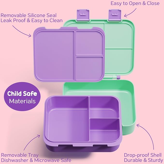 Fimibuke Bento Lunch Box for Kids - Toddler Girls Snack Bento Box Container | with 3 Compartments, 14oz Stainless Steel Water Bottle, Insulated Lunch Bag, Ice Pack Set for Ages 3-12 Daycare, Mermaid