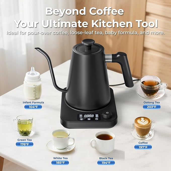 Gooseneck Electric Kettle, ±1°F Temperature Control Electric Kettle, 1.0L 1200W Fast Heating, 24H Keep Warm, 30Min Auto Memory, Food Grade Stainless Steel, Pour Over Kettle for Coffee and Tea