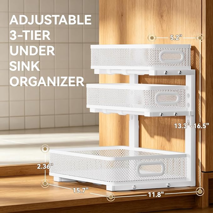 1 Pack 3 Tier Under Sink Organizer with Pull Out Drawer, Height Adjustable Heavy Duty Metal Under Cabinet Organizer, Smooth Sliding Storage Shelf for Kitchen, Bathroom Cabinet Organization, White