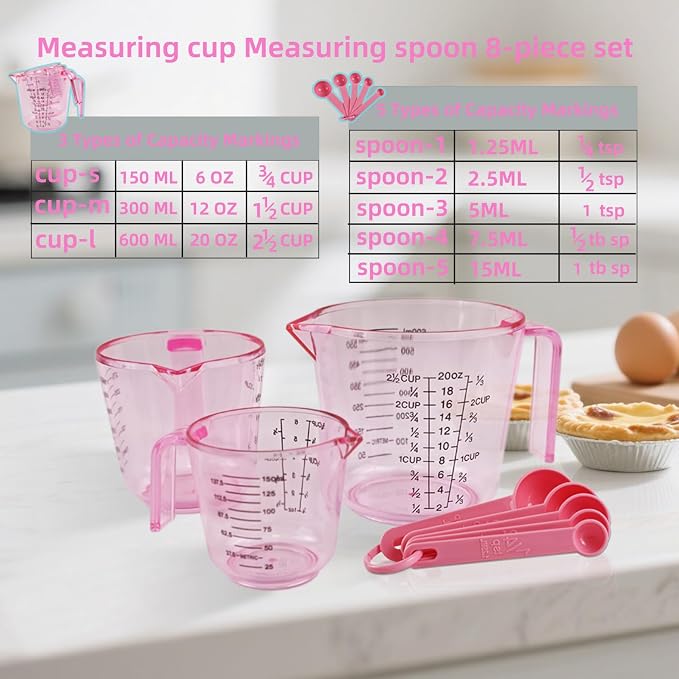 Pink Plastic Measuring cup Measuring spoon Set: 3 Stackable Liquid Measuring Cups 150/300/600ml and 5 Spoons 1.25-15ml, Used to Create Pink Kitchen Themes, Baking, Cooking