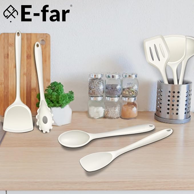 E-far 10 Pieces Silicone Cooking Utensils Set, Heat Resistant, White | Kitchen Utensil Set for Nonstick Cookware, Cooking Tools with Spatula, Spoon, Slotted Turner, Non-Toxic & Dishwasher Safe