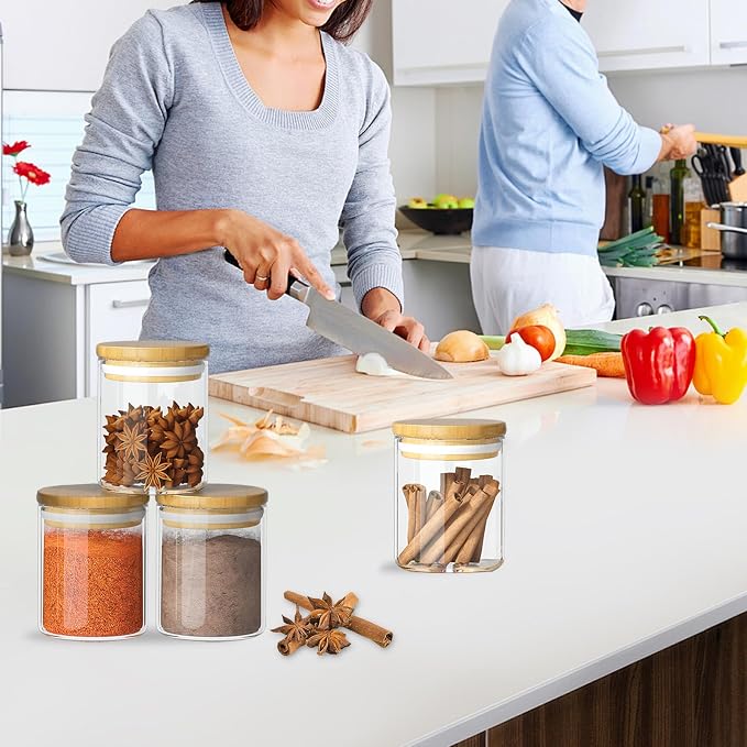 15Pcs 6oz Glass Spice Jars, Airtight Bamboo Lid Containers with Labels | Moisture-Proof Sealing, Clear Visible Body, Space-Saving Compact Shape, Multi-Scenario Application, Easy Marking Design