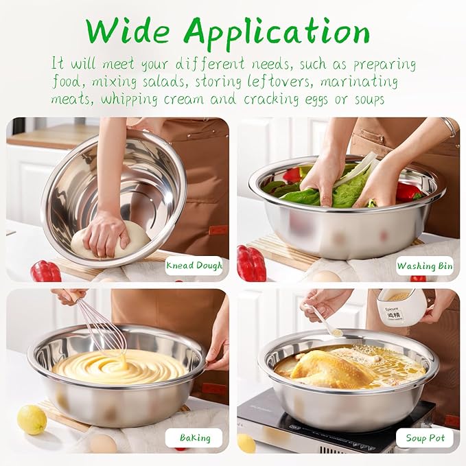 WUWEOT 3 Pack 10 Quart Large Mixing Bowl, Stainless Steel Oversized Salad Bowls, All-Purpose Metal Serving Basin for Home Commercial Prepping Baking Marinating Cooking Brining Mixing
