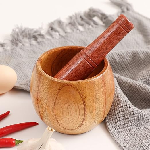 Wood Pestle and Mortar Bowl Set Guacamole Bowl Shell Garlic Pepper Press Mincer Grinder Chopper Crusher Molcajete Mix Kitchen Tool - Natural Wood