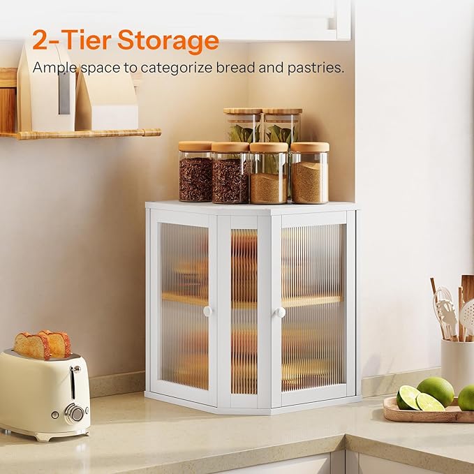 HOOBRO Bread Box, Bamboo Bread Box for Kitchen Countertop, 2-Tier Corner Bread Box, Large Capacity Bread Bin, Food Storage Box, Bread Storage Container for Kitchen, Dining Room, White WT12MB01