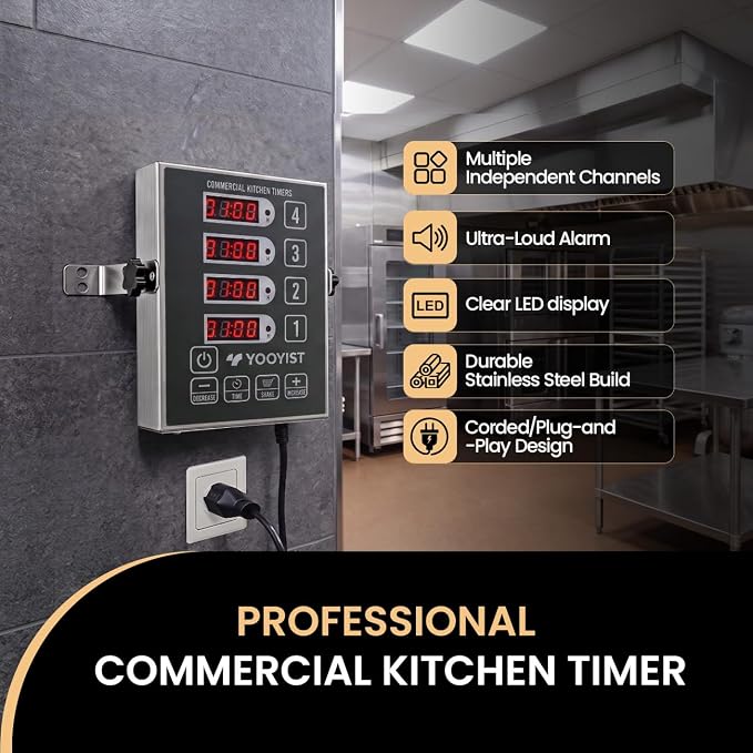 Precision Kitchen Timers for Cooking – 4 Channel Commercial Kitchen Timer Restaurant Kitchen Supplies – Stainless Steel Digital LED Chef Cooking Timer – Reminder Function, Loud Alarm, Grey