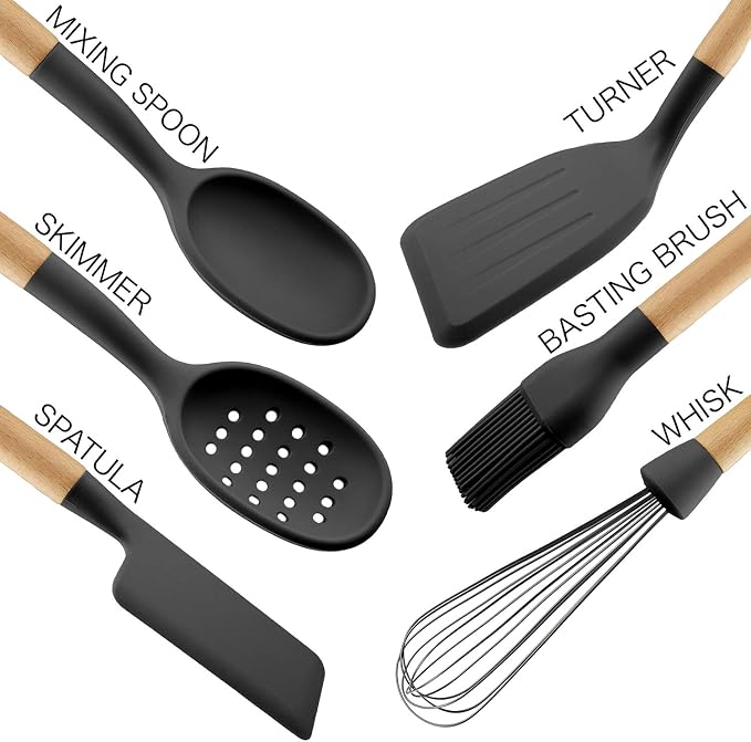Country Kitchen Non Stick Silicone Utensil Set with Rounded Wood Handles for Cooking and Baking, 6 Piece Set, Black | Rounded Wood Handles, For Cooking and Baking