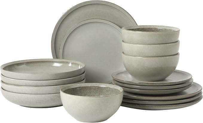 Gibson Elite Beckett Stoneware Matte Reactive Glaze 16 Piece (Service for 4) Plates and Bowls Dinnerware Set - Ash White