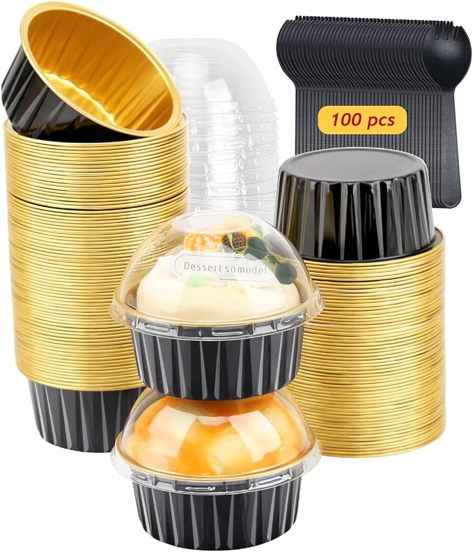 LNYZQUS 5oz Cupcake Pans with Dome Lids 100 Pack, Foil Dot Cake Cups | Mini Cake Tins, Cupcake Containers, Disposable Ramekins, for Baking and Packaging, for Bake Sale, Round Black