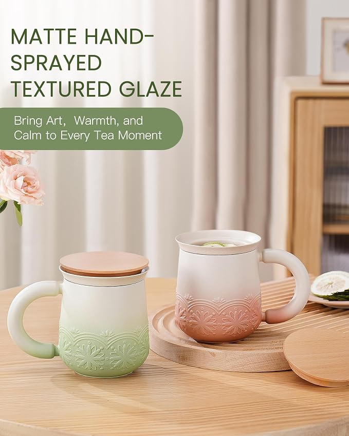 ZENS Tea Mug with Infuser and Lid for Loose Leaf Tea Steeper, 12oz Green | Embossed Ceramic Tea Cup with Strainer for Tea Lovers Gifts, Tea Diffusers Japandi Style Sunflower