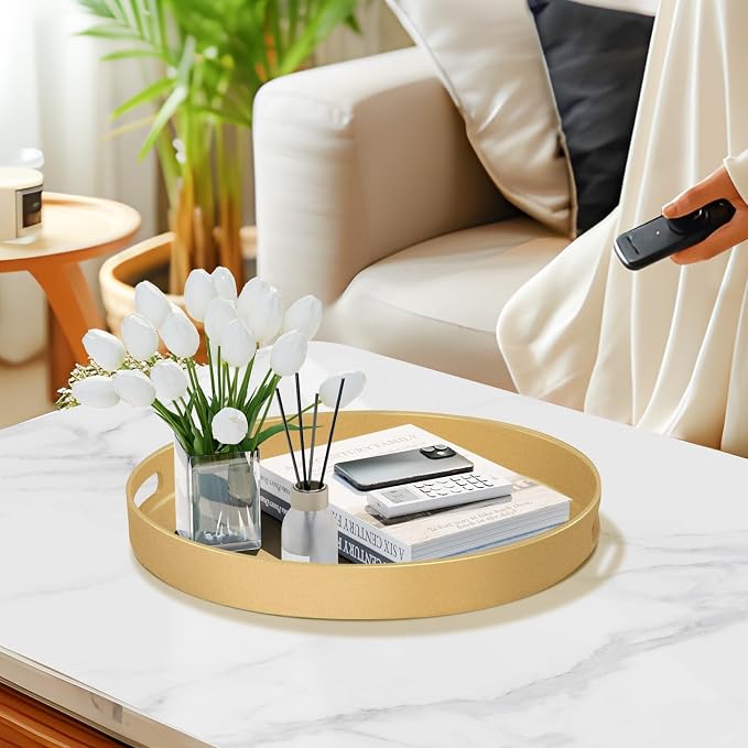 13" Gold Decorative Tray, Plastic Round Serving Tray with Handles | Decorative Tray for Coffee Table, Modern Ottoman Tray, Circle Tea Tray, Round Melamine Tray for Living Room, Bathroom