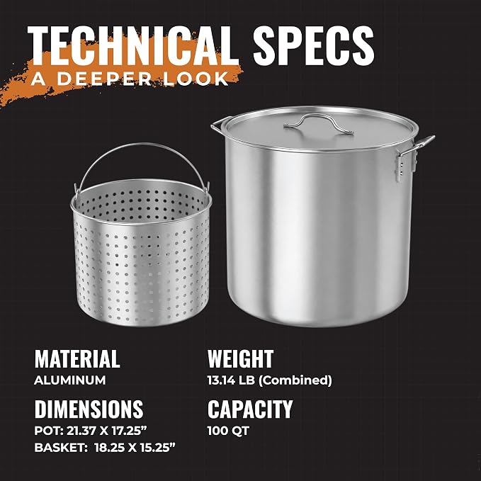 GasOne 100Qt Aluminum Stock Pot with Strainer and Lid – Large Deep Fryer Pot with Basket for Boiling, Frying Turkey, Seafood, Crawfish – Food-Grade Aluminum Large Cooking Pot with Sturdy Handles