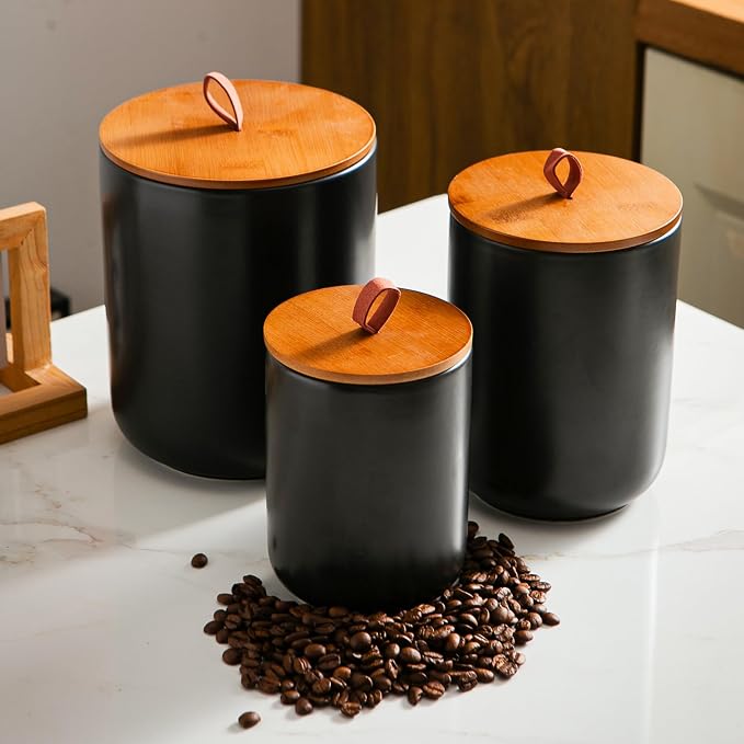 Mowtanco Black Ceramic Canister & Jar Set, Airtight Bamboo Lids 3-Piece | 30/48/82 oz airtight storage containers jars for flour, sugar, tea, coffee, pasta, nuts, kitchen counter canister set