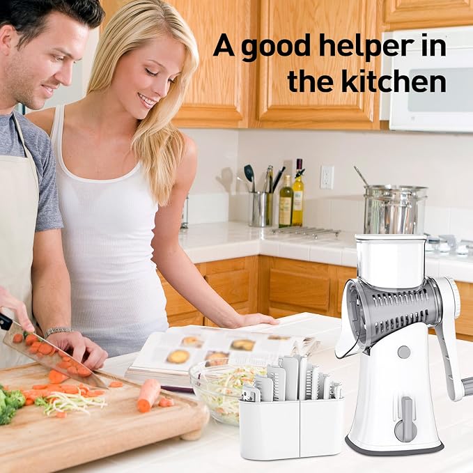 APSARAS USA Cheese Grater Hand Crank, Rotary Cheese Grater, 5 in 1 Rotary Grater, Cheese Shredder Replaceable Stainless Blades with Strong Suction Base, Easy to Clean Kitchen Gadgets with Storage Box
