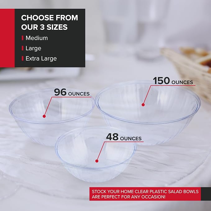 150 oz Clear Plastic Serving Bowls (4 Pack) Disposable Candy Dishes, Buffet Containers for Chips, Popcorn Snacks, Mints, Salad Bar, Punch, Snack Bowl Parties, Office Desk, Bridal Shower Party Supplies