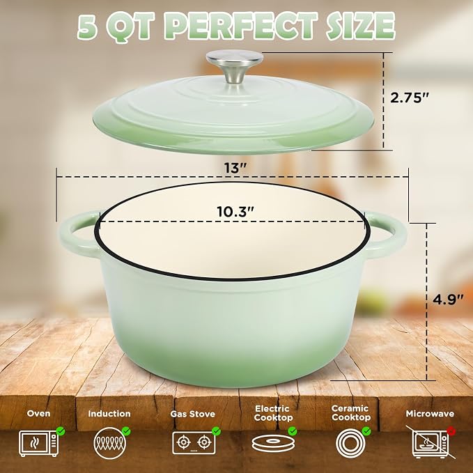 Enameled Cast Iron Dutch Oven Pot with Lid, 5QT Dutch Oven for Bread Baking | Round Bread Oven, Sourdough Bread Baking Supplies, Banneton Bread Proofing Basket, Starter Jar, Lame, Oven Safe up to 500°F