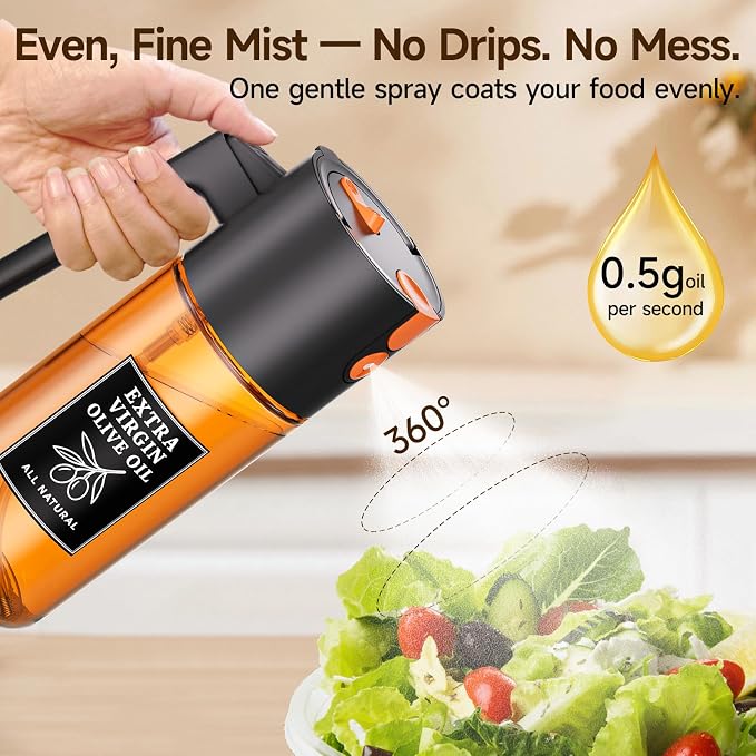2-in-1 Dark Glass Oil Sprayer & Dispenser, Black Fine Mist No-Drip | 500ml dark glass for air fryer, BBQ, grilling & daily cooking; food-safe, 304 filter, wide-mouth refill and cleaning.