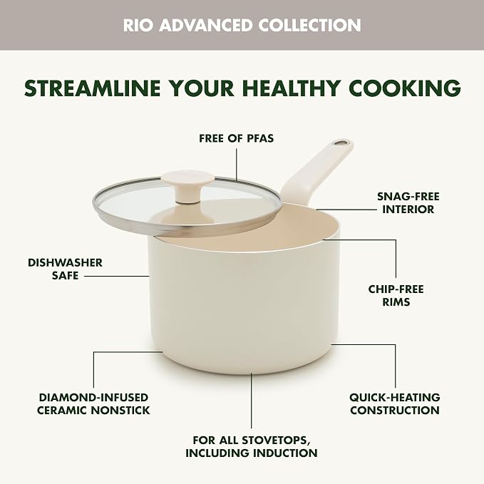 GreenPan Rio Advanced 2QT Saucepan with Lid, Ceramic Nonstick PFAS-Free Pans, Induction Ready, Dishwasher and Oven Safe, Cream White