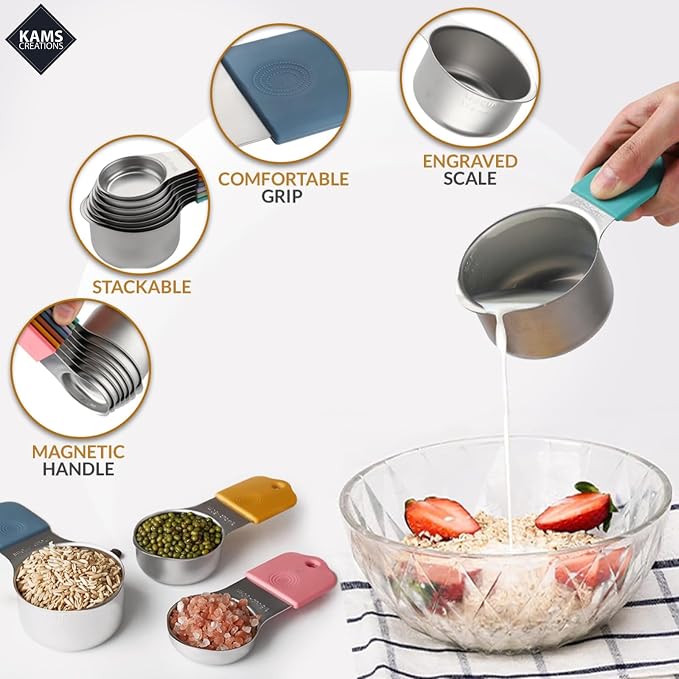 16PCS Magnetic Measuring Cups and Spoons Set with Leveler – Strong N52 Magnets, Premium 304 Stainless Steel, Double Sided Measuring Spoons, Easy to Read Engraved Measurements for Baking & Cooking