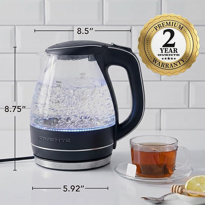 OVENTE 1.5L Glass Electric Kettle Water Boiler, Black KG83B | 1100W Fast Boiling, Borosilicate Glass, BPA-Free, Blue LED, Auto Shut-Off, Boil-Dry Protection, Removable Filter, 360° Base