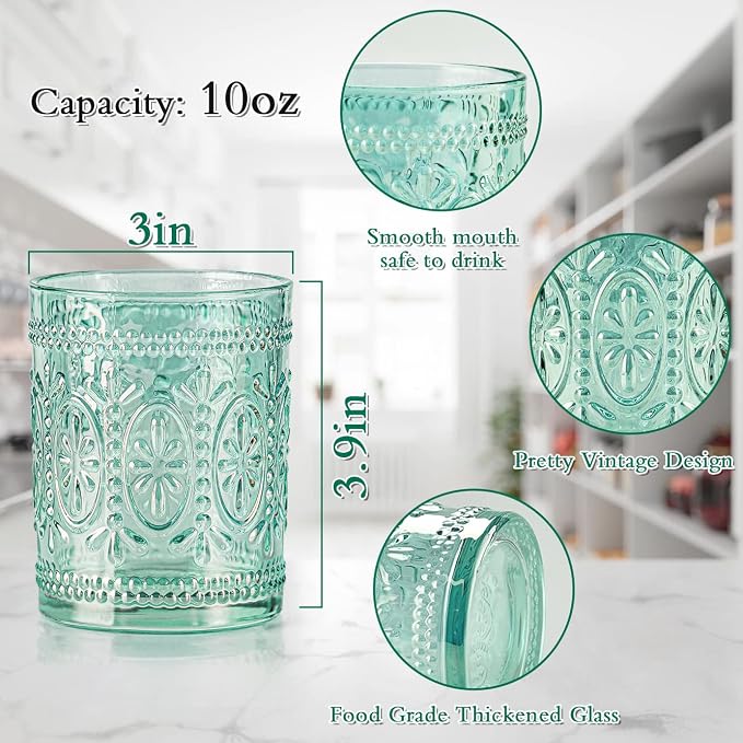 Darlion Vintage Glassware, Green Drinking Glasses, 10oz Green Glass Cups | Food Grade Glass, Lead-Free Glass, Durable&Sturdy, Vintage Decoration
