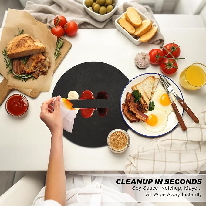 UnivoColors Placemats Round Faux Leather Placemats Set of 4-Waterproof-Wipe Clean-Heat Resistant-Anti Slip Dining Table Place Mats,Suitable for Indoor & Outdoor Use,15".Retro Black