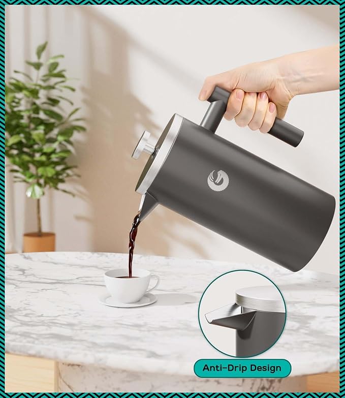 Coffee Gator French Press Coffee Maker 34 oz, Non-Toxic | Double Wall, 4-Layer Filter, Cold Brew Cafetera Tea Pot for Kitchen Travel Camping, Gifts, Decor, Bar Accessories, Gray