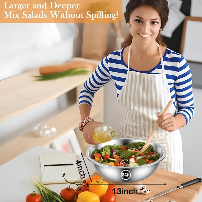 Stainless Steel Mixing Bowls,6PCS Large Mixing Bowl with Non-Slip Mat for Baking & Meal Preppers,13 Inch 8QT Metal Mixing Bowls for Home and Commercial