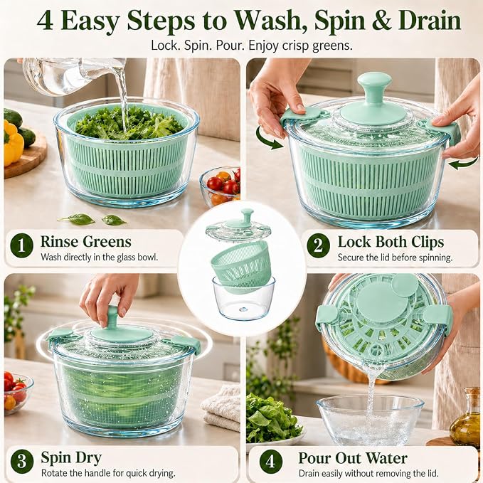 Large 5.2 Qt Glass Salad Spinner with Drain, Green | Microwave- and Dishwasher-Safe Glass Bowl, Transparent Lid, Crank Handle, Quick-Spin Salad Cleaner for Lettuce, Herbs & Fruit