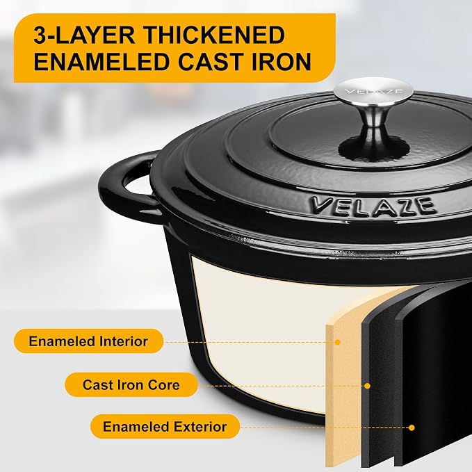 Velaze 7.5 QT Enameled Cast Iron Dutch Oven Pot with Lid,Black | Large Capacity for Cooking,Frying, Stewing,Bread Baking,and Roasting,Oven Safe,Dual Handles,Heavy Duty,Non-Stick Coating