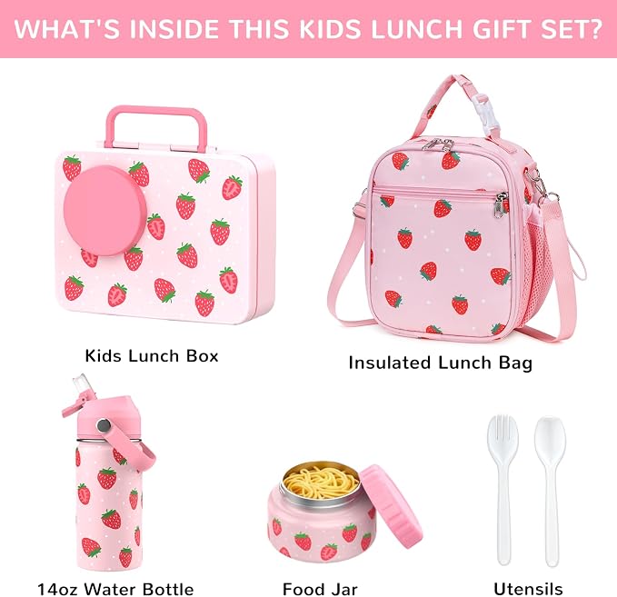 Bento Lunch Box for Kids Adult, Leakproof 3-4 Compartment Bento Box Set with Insulated Food Jar,Water Bottle, Lunch Bag, School Lunch Container for Toddler Teen Girls Boys Ages 3+(Strawberry)