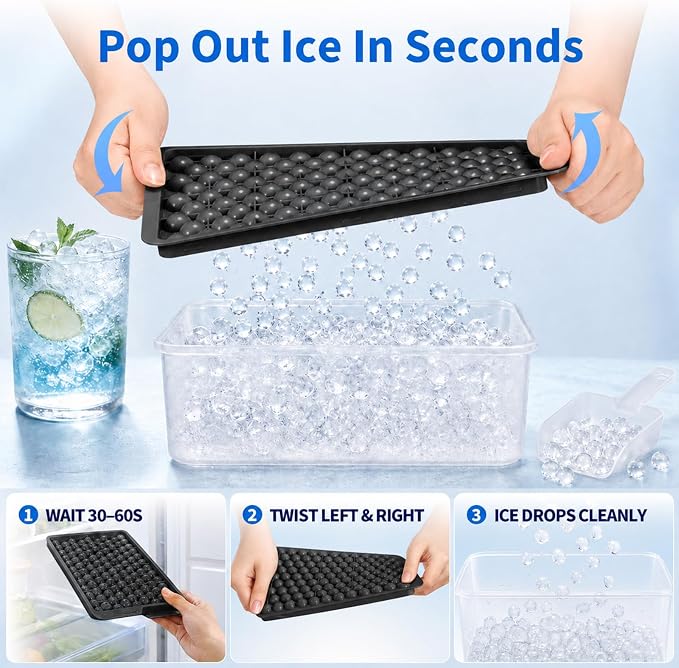 Mini Ice Cube Trays with Lid & Bin, Tiny Pebble Ice Balls for Coffee | Make 416 Mini Ice Balls with 4 Trays, Easy Release, Stackable, Scoop Included, for Iced Coffee, Drinks and Daily Use