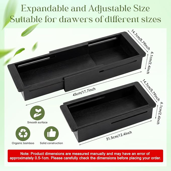 LemonRoad 1 Pcs Sliding Drawer Organizer 12.4-17.7 Inch Bin Bamboo Drawer Expandable Bins Utensil Organizer for Kitchen Spoons Forks Knives (Black)