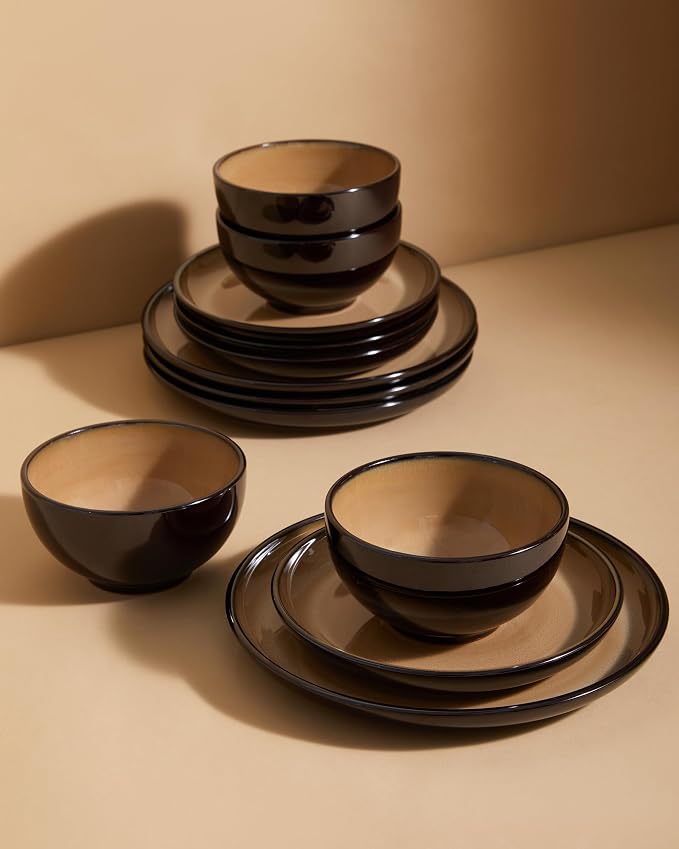 Santorini Mist Terracotta Reactive Glaze Plates and Bowls Sets, Stoneware Dinnerware Sets, Microwave and Dishwasher Safe Ceramic Dish Set Service for 4, Mocha Brown