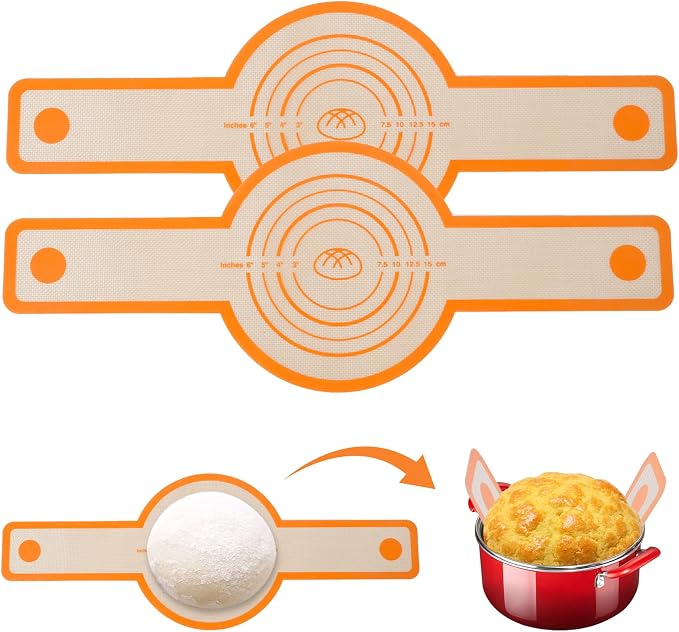 Silicone Bread Sling for Dutch Oven, 2 PCS Round Sourdough Baking Mat, Reusable Dutch Oven Liners with Extra Long Heat-Resistant Handles, Non-Stick Easy Clean Transfer Sling for Sourdough Bread-orange