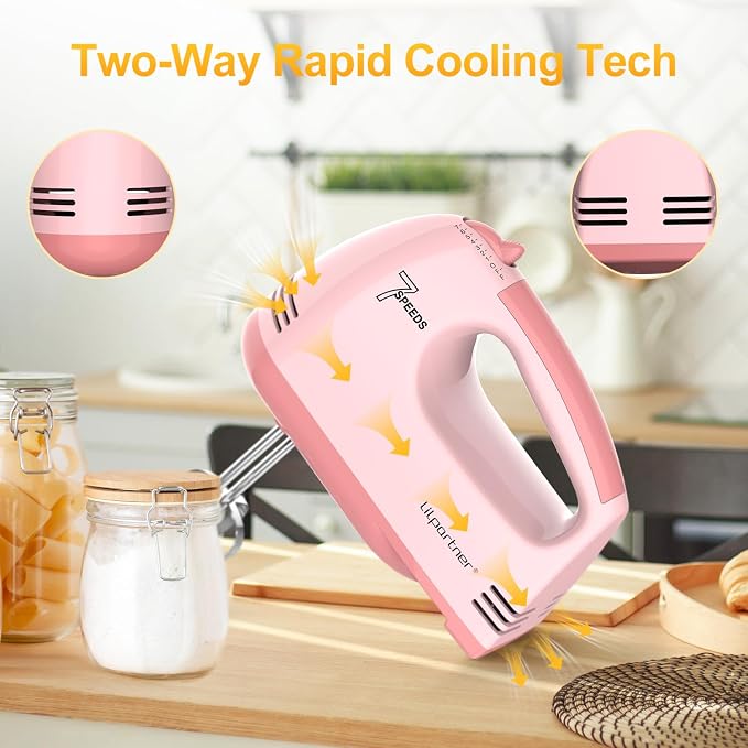 LILPARTNER Hand Mixer Electric, 7*Speed 5 * 304 Accessories, Light Pink