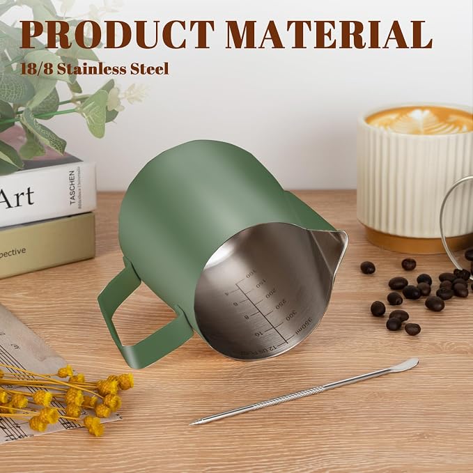 Amrules Milk Frothing Pitcher, 12 oz Milk Frother Cup with Clear Scale, 304 Stainless Steel Cappuccino Espresso Machine Accessories for Barista Coffee Bar with Latte Art Pen, Green