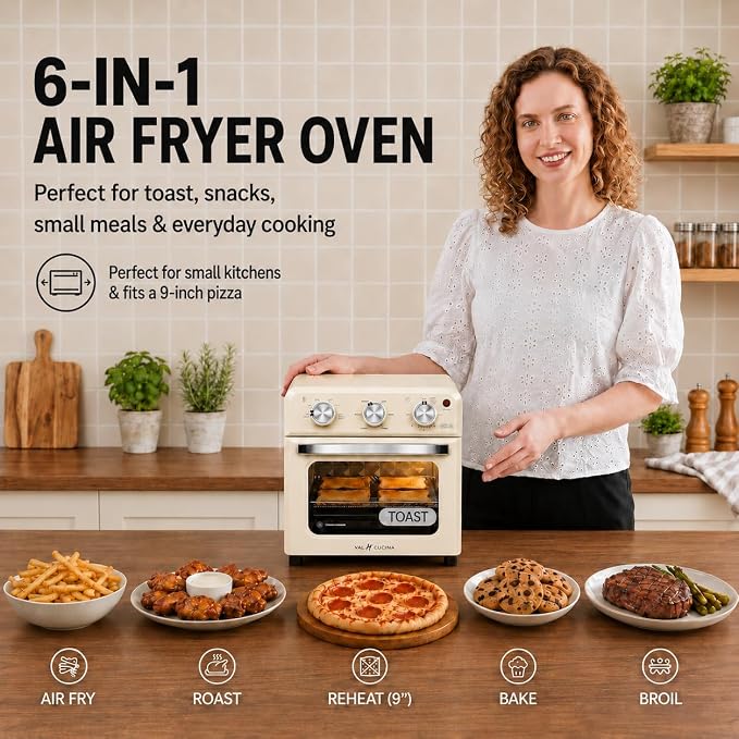 VAL CUCINA 6-in-1 Retro Air Fryer Toaster Oven Combo, Compact 12.7 QT Small Countertop Convection Oven, Fits 9" Pizza & 4 Toast, Hexagon Hybrid Heating, Enamel Baking Pan Included, Almond Yellow Color