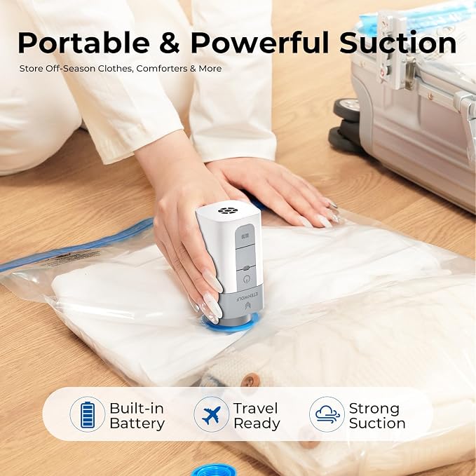 ETENWOLF 20 Jumbo Vacuum Storage Bags for Travel with Wireless Pump | Vacuum Seal Bags for Clothing Travel, Compression Packing Bags for Clothes and Blankets, Space Saver Bags in Carry-On Sizes